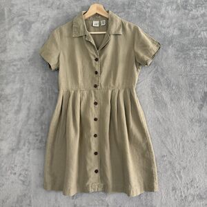 GAP 100% Linen Midi Shirt Dress Womens XS Beige Button Front Pockets